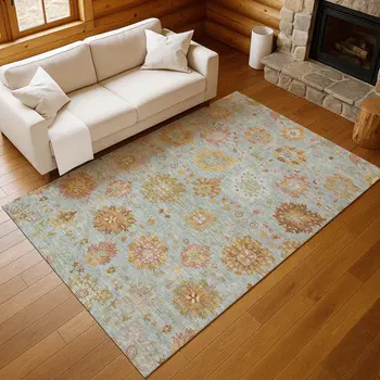 10' X 14' Pale Aqua And Gold Damask Washable Indoor Outdoor Area Rug