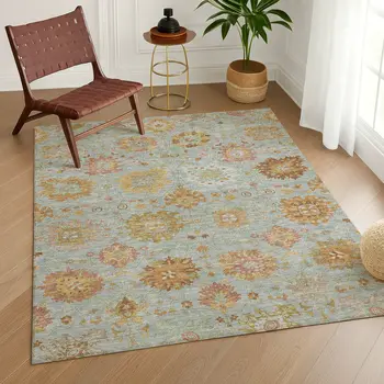 10' X 14' Pale Aqua And Gold Damask Washable Indoor Outdoor Area Rug