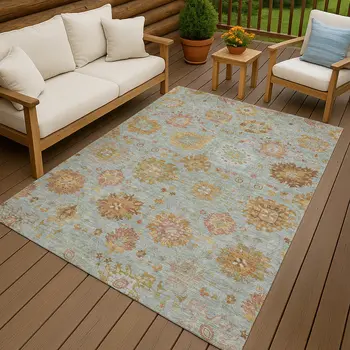 10' X 14' Pale Aqua And Gold Damask Washable Indoor Outdoor Area Rug
