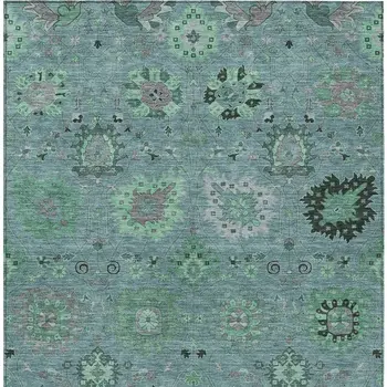 5' X 8' Teal Blue And Gray Damask Washable Indoor Outdoor Area Rug
