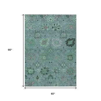 5' X 8' Teal Blue And Gray Damask Washable Indoor Outdoor Area Rug