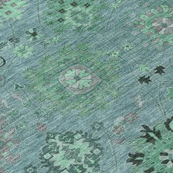 8' Teal Blue And Gray Round Damask Washable Indoor Outdoor Area Rug