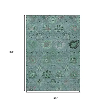 8' X 10' Teal Blue And Gray Damask Washable Indoor Outdoor Area Rug