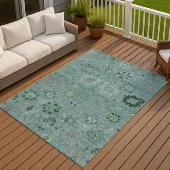 8' X 10' Teal Blue And Gray Damask Washable Indoor Outdoor Area Rug