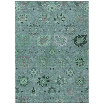 8' X 10' Teal Blue And Gray Damask Washable Indoor Outdoor Area Rug