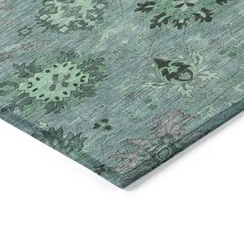 8' X 10' Teal Blue And Gray Damask Washable Indoor Outdoor Area Rug