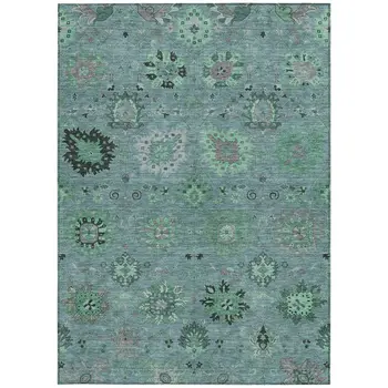 8' X 10' Teal Blue And Gray Damask Washable Indoor Outdoor Area Rug
