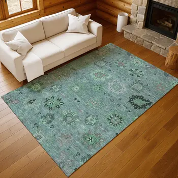 8' X 10' Teal Blue And Gray Damask Washable Indoor Outdoor Area Rug