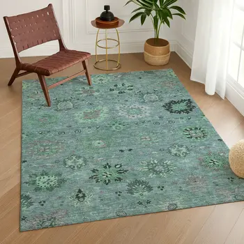 8' X 10' Teal Blue And Gray Damask Washable Indoor Outdoor Area Rug