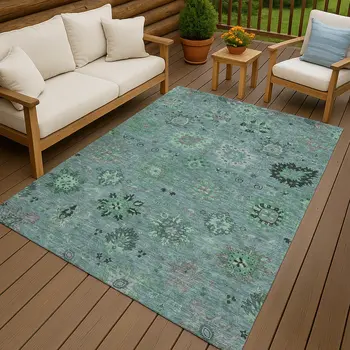 8' X 10' Teal Blue And Gray Damask Washable Indoor Outdoor Area Rug