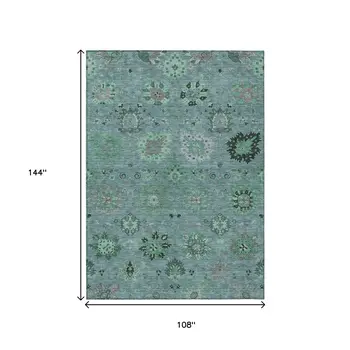 9' X 12' Teal Blue And Gray Damask Washable Indoor Outdoor Area Rug