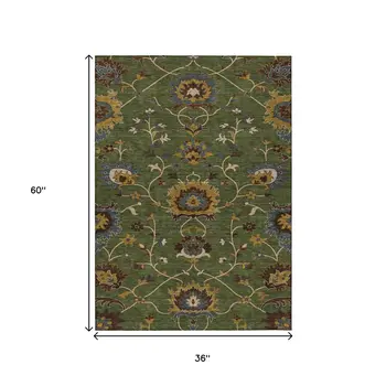 3' X 5' Artichoke Green Gold And Blue Floral Washable Indoor Outdoor Area Rug