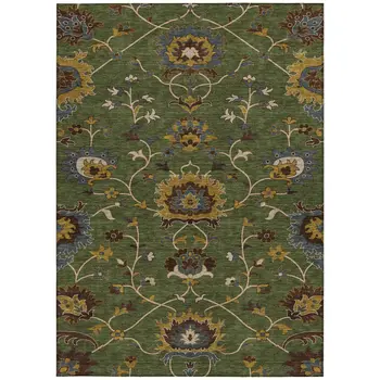 5' X 8' Artichoke Green Gold And Blue Floral Washable Indoor Outdoor Area Rug