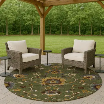 8' Artichoke Green Gold And Blue Round Floral Washable Indoor Outdoor Area Rug