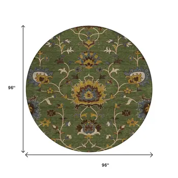 8' Artichoke Green Gold And Blue Round Floral Washable Indoor Outdoor Area Rug