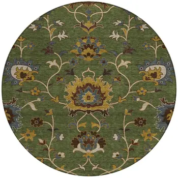 8' Artichoke Green Gold And Blue Round Floral Washable Indoor Outdoor Area Rug
