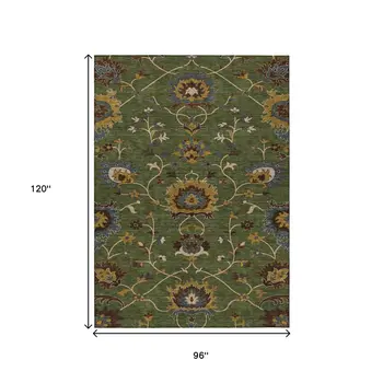 8' X 10' Artichoke Green Gold And Blue Floral Washable Indoor Outdoor Area Rug