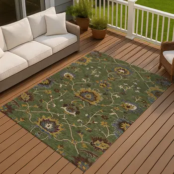 9' X 12' Artichoke Green Gold And Blue Floral Washable Indoor Outdoor Area Rug