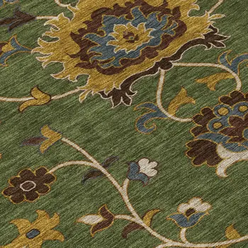 9' X 12' Artichoke Green Gold And Blue Floral Washable Indoor Outdoor Area Rug