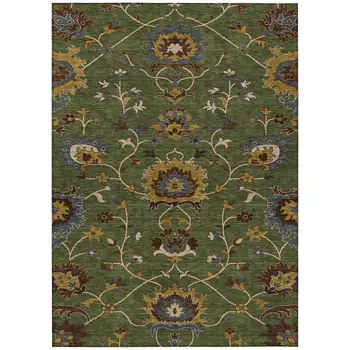 10' X 14' Artichoke Green Gold And Blue Floral Washable Indoor Outdoor Area Rug