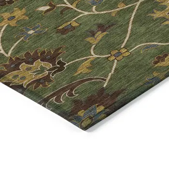 10' X 14' Artichoke Green Gold And Blue Floral Washable Indoor Outdoor Area Rug