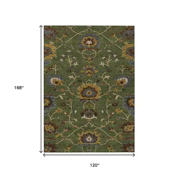 10' X 14' Artichoke Green Gold And Blue Floral Washable Indoor Outdoor Area Rug