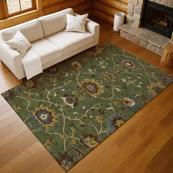 10' X 14' Artichoke Green Gold And Blue Floral Washable Indoor Outdoor Area Rug