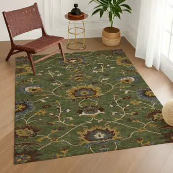 10' X 14' Artichoke Green Gold And Blue Floral Washable Indoor Outdoor Area Rug