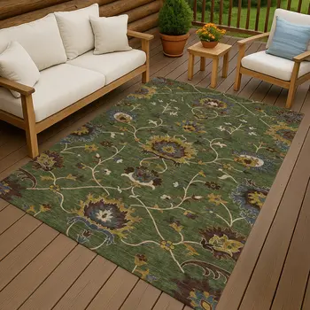 10' X 14' Artichoke Green Gold And Blue Floral Washable Indoor Outdoor Area Rug