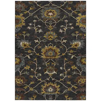 3' X 5' Black Gold And Blue Floral Washable Indoor Outdoor Area Rug