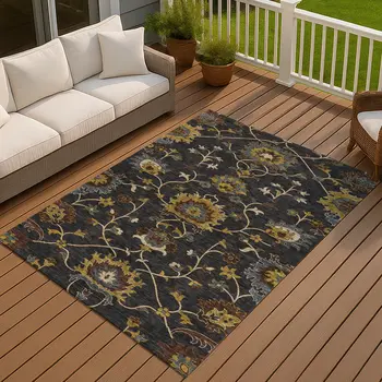 3' X 5' Black Gold And Blue Floral Washable Indoor Outdoor Area Rug