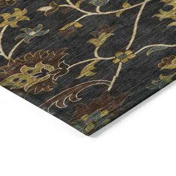 3' X 5' Black Gold And Blue Floral Washable Indoor Outdoor Area Rug