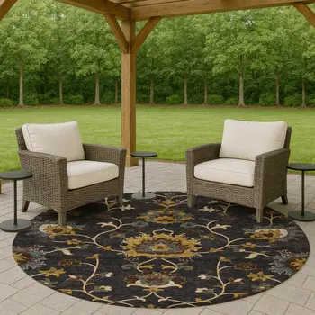 8' Black Gold And Blue Round Floral Washable Indoor Outdoor Area Rug