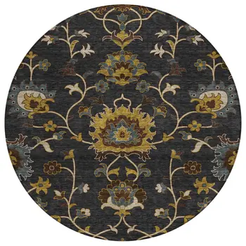 8' Black Gold And Blue Round Floral Washable Indoor Outdoor Area Rug