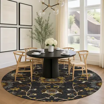 8' Black Gold And Blue Round Floral Washable Indoor Outdoor Area Rug