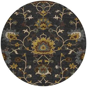 8' Black Gold And Blue Round Floral Washable Indoor Outdoor Area Rug