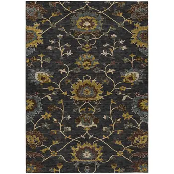 10' X 14' Black Gold And Blue Floral Washable Indoor Outdoor Area Rug