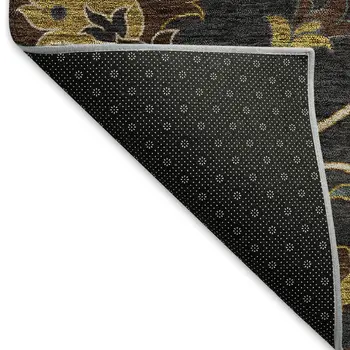 10' X 14' Black Gold And Blue Floral Washable Indoor Outdoor Area Rug