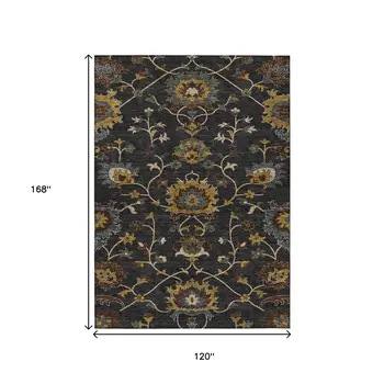 10' X 14' Black Gold And Blue Floral Washable Indoor Outdoor Area Rug