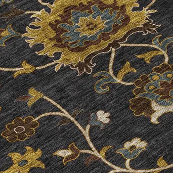 10' X 14' Black Gold And Blue Floral Washable Indoor Outdoor Area Rug
