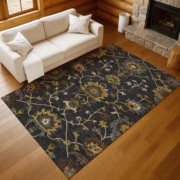 10' X 14' Black Gold And Blue Floral Washable Indoor Outdoor Area Rug