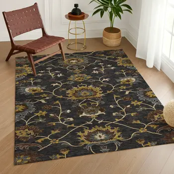 10' X 14' Black Gold And Blue Floral Washable Indoor Outdoor Area Rug