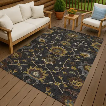 10' X 14' Black Gold And Blue Floral Washable Indoor Outdoor Area Rug