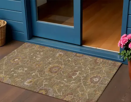 3' X 5' Brown And Beige Floral Washable Indoor Outdoor Area Rug