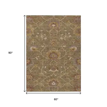 5' X 8' Brown And Beige Floral Washable Indoor Outdoor Area Rug