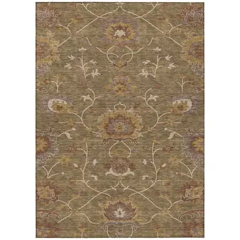 5' X 8' Brown And Beige Floral Washable Indoor Outdoor Area Rug