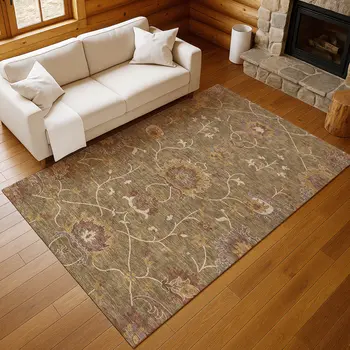 5' X 8' Brown And Beige Floral Washable Indoor Outdoor Area Rug