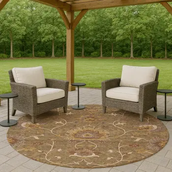 8' Brown And Beige Round Floral Washable Indoor Outdoor Area Rug