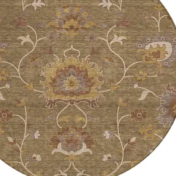 8' Brown And Beige Round Floral Washable Indoor Outdoor Area Rug