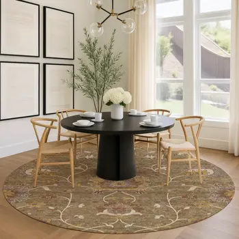 8' Brown And Beige Round Floral Washable Indoor Outdoor Area Rug